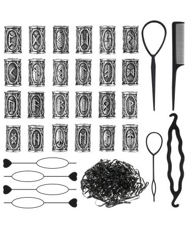 24 Piece Norse Vikings Runes Hair Beard Beads for Bracelets Necklace Accessories DIY Includes 7 Pieces Pull Hair Pin Quick Beader Hair Tool and Black Rubber Bands for Women Men Silver
