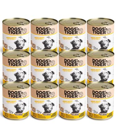 Dogs'n Tiger Adult Wet Dog Food, Meal, Animal-Friendly Recipe with 67% Chicken Meat, Flaxseed Oil and Herbs, 12 x 800g Cans