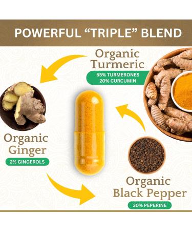 Certified Organic Turmeric Capsules with Black Pepper, Ginger, and High Strength Curcumin - 60 Count - Buy Online on GoSupps.com