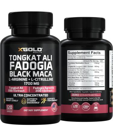 X Gold Health 5-1 Tongkat Ali | Fadogia Agrestis | Maca | L-Arginine | L-Citrulline | Energy, Vitality & Stamina Booster for Men & Women | Non-GMO Made in USA 120 Capsules - Buy Online on GoSupps.com