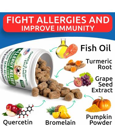 Allergy Relief + Advanced Allergy Bundle - Anti-Itch&Hot Spots + Itchy Skin Relief Pills - Omega 3 + Pumpkin+ Enzymes + Probiotics - Immune Supplement + Anti Itching Licking - 360 Chews - Made in USA - Buy Online on GoSupps.com