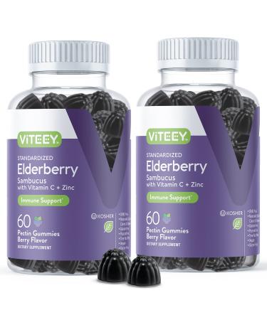 Sambucus Black Elderberry Gummies 3 in 1 Immune Booster Plus Zinc & Vitamin C - Herbal Dietary Supplements, Plant Based Pectin - Good for Adults Teens & Kids - Berry Flavored Gummy 60 Count-2 Pack 60 Count (Pack of 2)