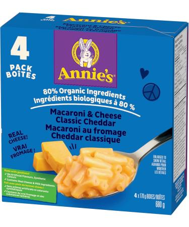ANNIE'S - VALUE PACK SIZE - MACARONI and CHEESE Classic Cheddar 4 Pack 680 Grams Box No Artificial Flavours or Synthetic Colours Contains Real Cheese and Milk Ingredients 80% Organic Ingredients Food - Buy Online on GoSupps.com