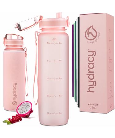 Hydracy Water Bottle with Time Marker -Large 32oz BPA Free Water Bottle & No Sweat Sleeve -Leak Proof Gym Bottle with Fruit Infuser Strainer & Times to Drink -Ideal Gift for Fitness Sports & Outdoors 32oz Rose Gold