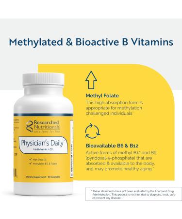 Researched Nutritionals Physician's Daily + D3 Supplement - Daily Multivitamin for Men and Women with Vitamin D3 2000iu, Vitamin B12, Vitamin B6 + Methylated Folate (60 Capsules) - Buy Online on GoSupps.com