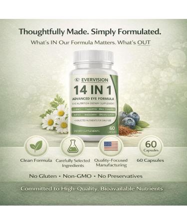 Evervision 14-in-1 Advanced Eye Formula Daily Eye Nutrition Supplement with Lutein Zeaxanthin Saffron & Bilberry Extract Eye Health Support for Adults 60 Capsules (2) - Buy Online on GoSupps.com