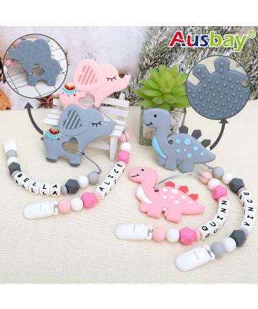 Personalized Stegosaurus Grey Teether Stroller Clip with Name | Custom Baby Toy Holder - Buy Online on GoSupps.com