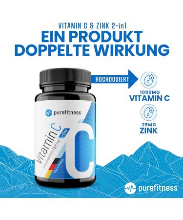 PureFitness Vitamin C 1000mg & Zinc 25mg - 180 Tablets | Immune Support Natural Complex No Additives | High Dose Vitamin C for Adults - Buy Online on GoSupps.com