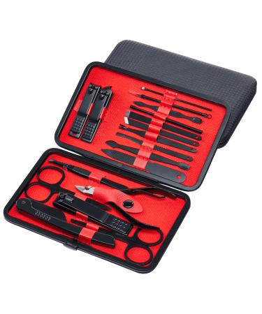 Tseifry Manicure Nail Clippers Set - Stainless Steel Manicure Nail Clippers Pedicure Kit Professional Grooming Kit with Luxurious Travel Case (18pcs-Black Red)