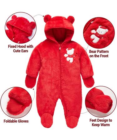 JiAmy Hooded Newborn Baby Romper Snowsuit | Red Fleece Jumpsuit | 0-3 Months - Buy Online on GoSupps.com