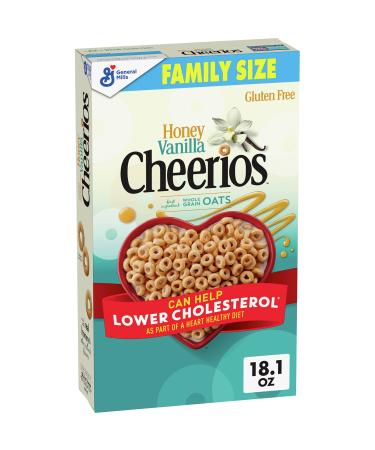 Honey Vanilla Cheerios Heart Healthy Cereal with Happy Heart Shapes, Gluten Free Cereal with Whole Grain Oats, Family Size, 18.1 OZ 18.1 Ounce (Pack of 1)