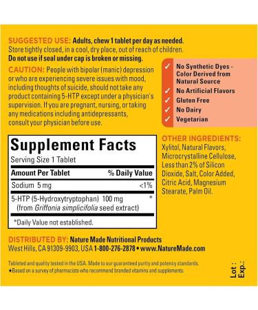 Nature Made Chewable 5HTP 100mg 5-HTP Mood Support Supplement 30 5 HTP Chewable Tablets 30 Day Supply (Pack of 2) - Buy Online on GoSupps.com