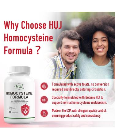 HUJ Homocysteine Formula Supplement - with B2 B12 Folate & Betaine HCl - for Homocysteine Metabolism & Methylation Support*- 60 Capsules - Buy Online on GoSupps.com