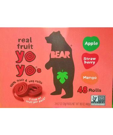 Bear Yoyos Real Fruit Rolls Snacks Leather Variety Pack: Apple, Strawberry, Mango, 24 - 0.7 oz Count 0.7 Ounce (Pack of 24)