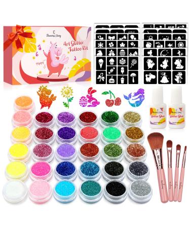 Temporary Glitter Tattoo Kids, Eleanore's Diary 31 Glitter Colors,165 Unique Stencils, 2 Glue, 4 Brushes, Adults & Kids Arts Glitter Make Up Kit, Gifts for Summer Holiday Birthday Party Back to School