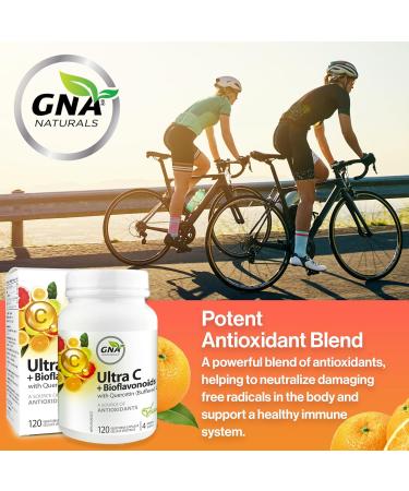 GNA Naturals Ultra Vitamin C 600mg + Bioflavonoids with Quercetin Dihydrate - Vitamin C Ascorbate Acid 120 V-Caps 4 Month Supply - Promotes Healthy Bones Gums & Teeth - Vitamin C Complex Supplement - Buy Online on GoSupps.com