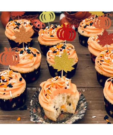 Festive Fall Cupcake Toppers Set - 18-Piece Glitter Maple Leaf and Pumpkin Cake Decorations for Thanksgiving and Autumn Harvest Celebrations - Golden Orange and Red Toppers for Cake and Cupcakes - Buy Online on GoSupps.com