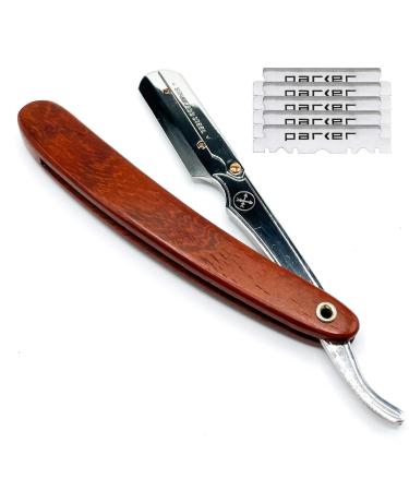 Parker SRRW, Rosewood Wood Handle Straight Edge Barber Razor with Stainless Steel Blade Arm for Professionals, 5 Blades Included