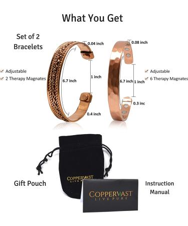 Copper Bracelets for Arthritis Relief - Set of 2 for Men and Women | 100% Copper with Therapy Magnets | Effective Natural Pain Relief (Hammered & Chain Inlay) - Buy Online on GoSupps.com