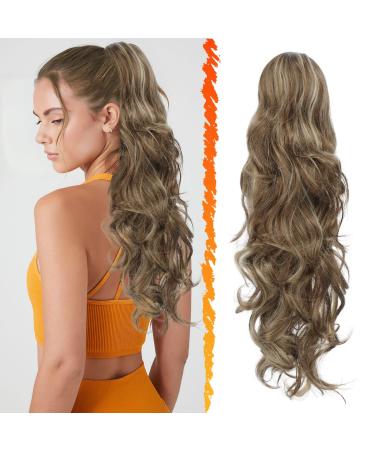BARSDAR Ponytail Extension 20 Inch Curly Wavy Drawstring Ponytail Hair Extensions for Women Natural Synthetic Ponytails Hairpieces Fake Ponytails- Ash Brown & Blonde Highlight Ash Brown & Blonde Highlights
