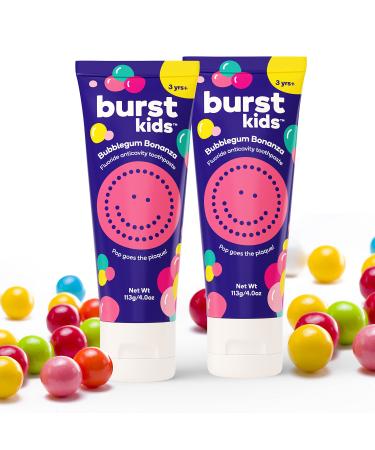 BURSTkids Bubblegum Bonanza Fluoride Toothpaste, Cavity Fighting, Reduces Plaque, Safe, Effective Toothpaste for Kids Ages 3+, Vegan, SLS & Gluten Free, 4oz, 2pk