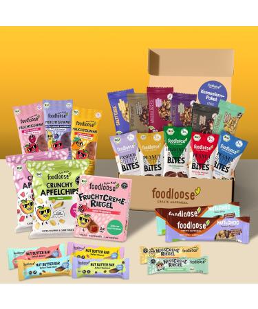 Vegan Candy Box | 25 Organic Snacks | No Added Sugar | Nutritional Fruit Gums Apple Chips & More | Foodloose - Buy Online on GoSupps.com