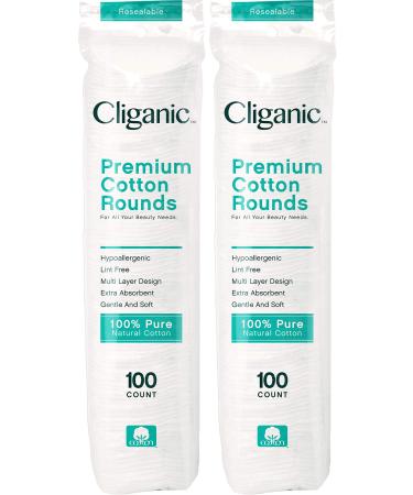 Cliganic Premium Cotton Rounds for Face (200 Count) | Makeup Remover Pads, Hypoallergenic, Lint-Free | 100% Pure Cotton 100 Count (Pack of 2)