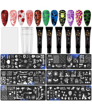 EBANKU Halloween Nail Stamper Kit 6 Pieces Nail Art Stamping Plates 6 Colors Stamp Nail Polish Gel with Stamper Scraper Pumpkin Skull Bat Witch Nail Stamping Stencil Templates for DIY Nail Decoration