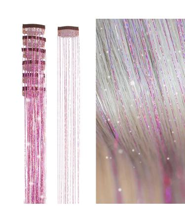 SEPTBEAM Hair Tinsel Clip in Extensions Pink Sparkle & Highlights for Hair 20.5 Inch 6pcs Each Pack Multi-Colors Synthetic Hair Extensions for Party Christmas New Year Halloween Cosplay(Pink)