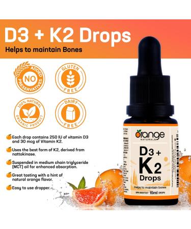 Orange Naturals - Vitamin D3+K2 Drops 250IU - Natural Orange Flavour MCT 15ml - Support Bone Teeth Health Reduce Osteoporosis Maintain Muscle Enhanced Absorption & Prevent D Deficiency Cholecalciferol 15 ml (Pack of 1) - Buy Online on GoSupps.com