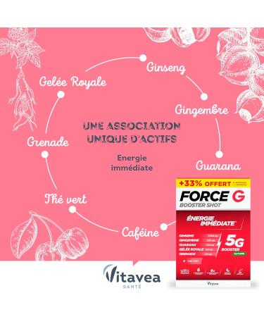 Force G Booster Shot Natural Energy Supplement Ginseng Ginger Guarana Royal Jelly Pomegranate Caffeine 7 Reinforced Active 20 Ampoules 20 Days Made in France Vitavea - Buy Online on GoSupps.com