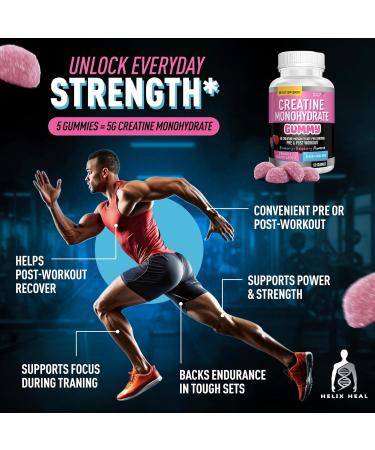 Helix Heal Creatine Monohydrate Gummies - 5g per Serving Vegan Non-GMO Strength Power & Recovery Support No Scoops or Mess Pre & Post Workout 60 Count Blue Raspberry Flavor - Buy Online on GoSupps.com