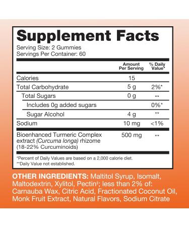 Qunol Zero Sugar Turmeric Gummies - 500mg Curcumin Joint Support Vegetarian Gluten-Free Ultra High Absorption 120 Count - International Shipping Available - Buy Online on GoSupps.com