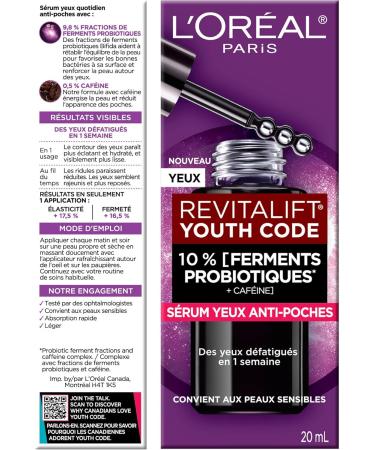 L'Or al Paris 10% Probiotic Ferments + Caffeine Eye Serum for Brighter Eye Area looks Brighter more Hydrated Smoother Revitalift Youth Code Caffeine Eye Serum Skincare 20 ml Eye Serum - 20ml - Buy Online on GoSupps.com
