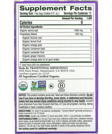 Traditional Medicinals - Organic Smooth Move Laxative Herbal Tea - Gentle Overnight Relief Of Occasional Constipation - 16 Count (Pack of 6) (Package May Vary) Organic Smooth Move Smooth Move 16 Count (Pack of 6) - Buy Online on GoSupps.com