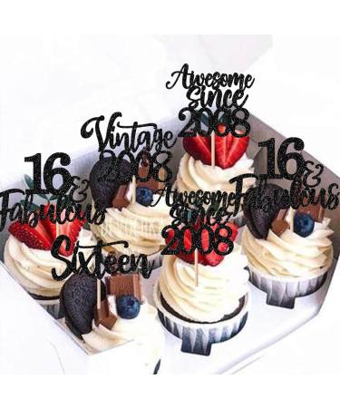 30 Pack Vintage 2008 Cupcake Toppers Glitter Happy 16th Sixteen Awesome Since 2008 Cupcake Picks 16 Fabulous Cake Decorations for 16th Birthday Wedding Anniversary Party Supplies Gold 16th Black - Buy Online on GoSupps.com