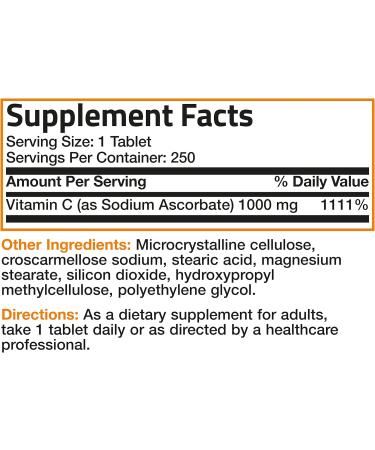 Sodium Ascorbate 1000mg Tablets - Non Acidic Vitamin C Supplement for Immune Support - Gentle on Stomach, Powerful Antioxidant - 250 Count - Buy Online on GoSupps.com