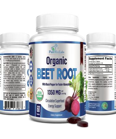 Organic Beet Root Powder Tablets - 1350mg with Black Pepper for Faster Absorption - Boosts Nitric Oxide for Energy and Stamina - 60 Tablets
