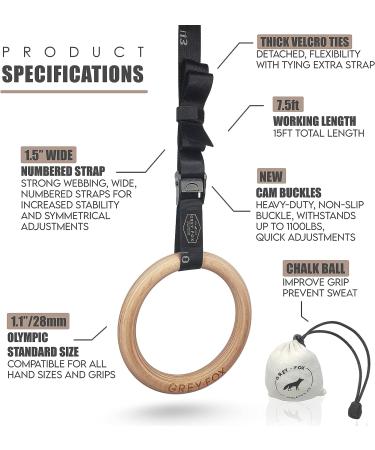 Grey Fox Premium Numbered 1.1 Wooden Gymnastic Rings with Adjustable Straps - Olympic Size, Chalk, Non-Slip Buckle | Full Body Suspension for Bodyweight Calisthenics - Home Gym Equipment for Fitness Enthusiasts - Buy Online on GoSupps.com