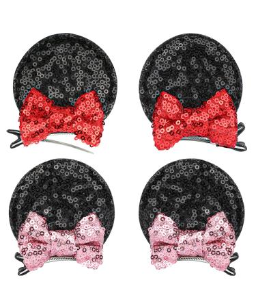 4 Pcs Mickey Mouse Ears Minnie Ears Clips Sequin Mouse Ears Hair Clips Hair Accessories for Women Girls Kids Adult Mommy Pink Red