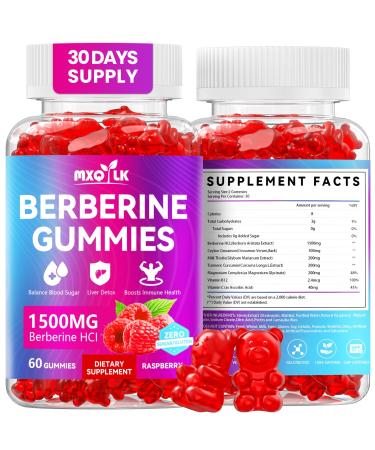 Berberine Gummies 1500mg High Potency Berberine Supplement with Ceylon Cinnamon and Milk Thistle Supports Glucose Metabolism & Natural Liver Function Vegan Sugar-Free Non-GMO 60 Count