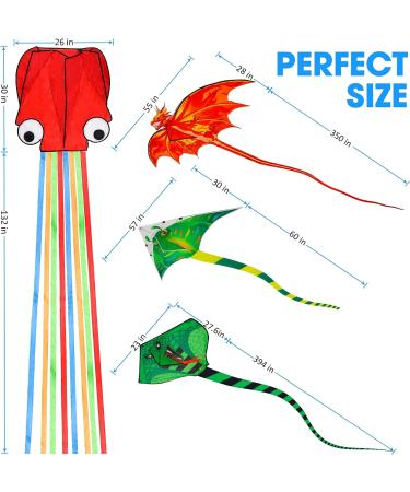 4 Pack Large Fire Dragon, Green Snake, Devil Fish, Red Mollusc Octopus Kites for Outdoor Fun - Perfect for Kids and Adults - Buy Online on GoSupps.com