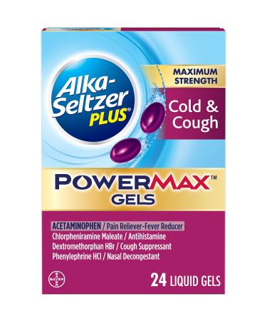 Alka Seltzer Plus Maximum Strength PowerMax Cold and Cough Medicine Liquid Gels for adults with Pain Reliever Fever Reducer Cough Suppressant and Nasal Decongestant 24 count