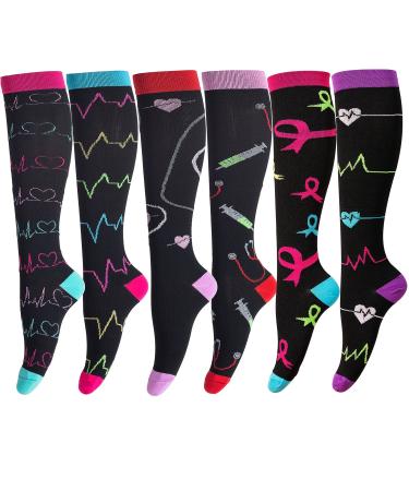 Compression Socks for Men & Women (6Pair) Non-Slip Long Tube Ideal for Running Nursing Circulation & Recovery Boost Stamina Hiking Travel & Flight Socks 20-30 mmHg L-XL Medical