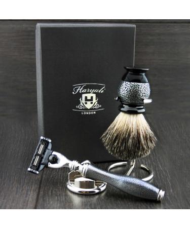 4 Pc Men's Shaving Kit - 3 Edge Razor Black Badger Hair Brush & Stands | Perfect Gift for Men - Buy Online on GoSupps.com