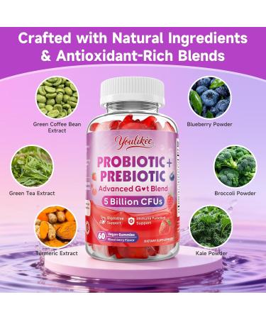 Youlikee 2 Pack Prebiotic + Probiotic Gummies for Women and Men Probiotic Gummies for Gut Health Support 5 Billion CFUs with Fibers Vegan Sugar-Free 120 Count - Buy Online on GoSupps.com