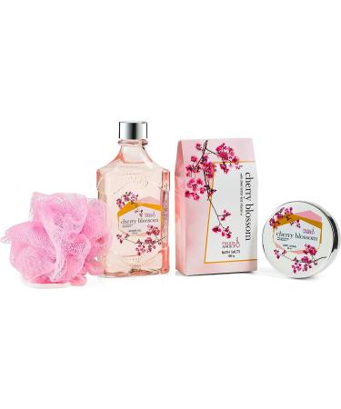 Cherry Blossom Spa Set for Women - Shower Gel, Bath Salts, Body Cream, with Shea Butter & Vitamin E - Relaxation Gift Basket - Buy Online on GoSupps.com