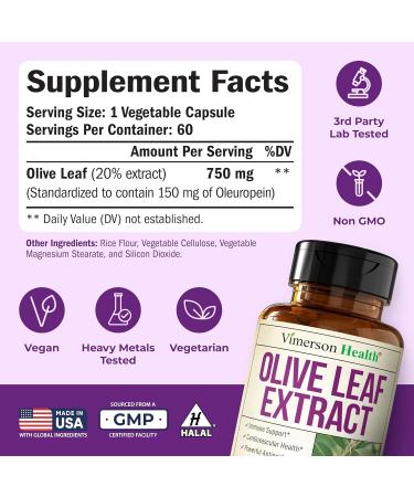 Olive Leaf Extract Capsules 750 mg Standardized to 150 mg Oleuropein Polyphenol Antioxidants for Cardiovascular Health and Immune Support Supplement Vegan Herbal Supplements 60 Capsules - Buy Online on GoSupps.com