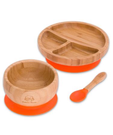 Bubba Bear Baby Bamboo Suction Bowl Plate & Spoon Set | Stay Put Toddler Led Feeding Bowls & Plates | Free Guide to Weaning Orange