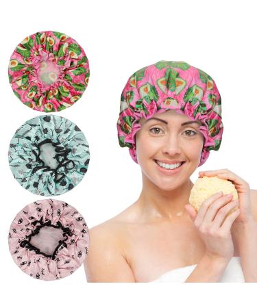 Unaone 3 Pack Shower Cap for Women Reusable Waterproof Shower Caps Double Layer Washable Bath Cap for Long Short and Curly Hair for Women Girls